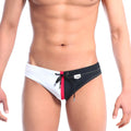 Black and white MetroMaleWear Bella swim trunks with red side stripe and black drawstring for beachwear