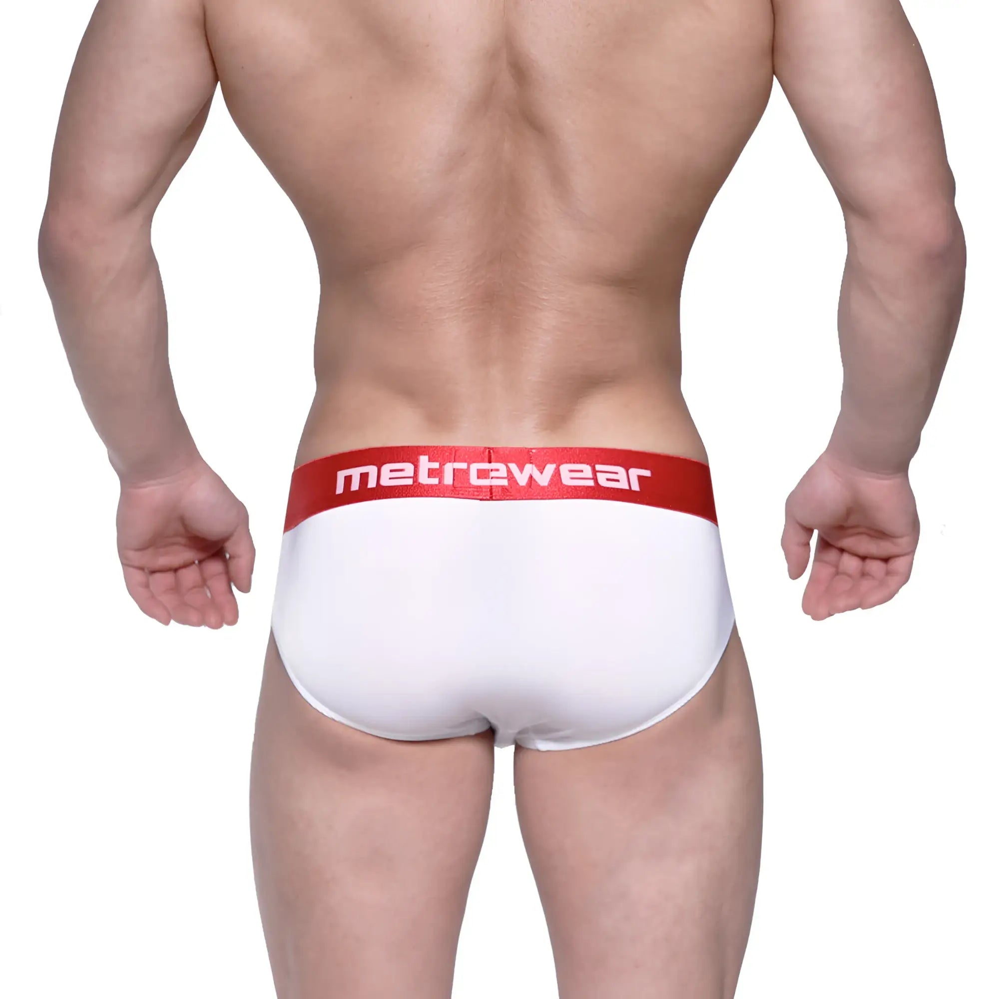 White men’s briefs with a red waistband featuring the metrewear logo in white lettering metro malewear benjamin hip brief