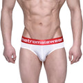 White briefs with red waistband featuring metromalewear logo in white from metro male wear benjamin hip brief 5003-02
