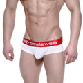 White men’s briefs with a red waistband featuring metromalewear logo in white from metroMalewear Benjamin mini cheek boxer 2025-02