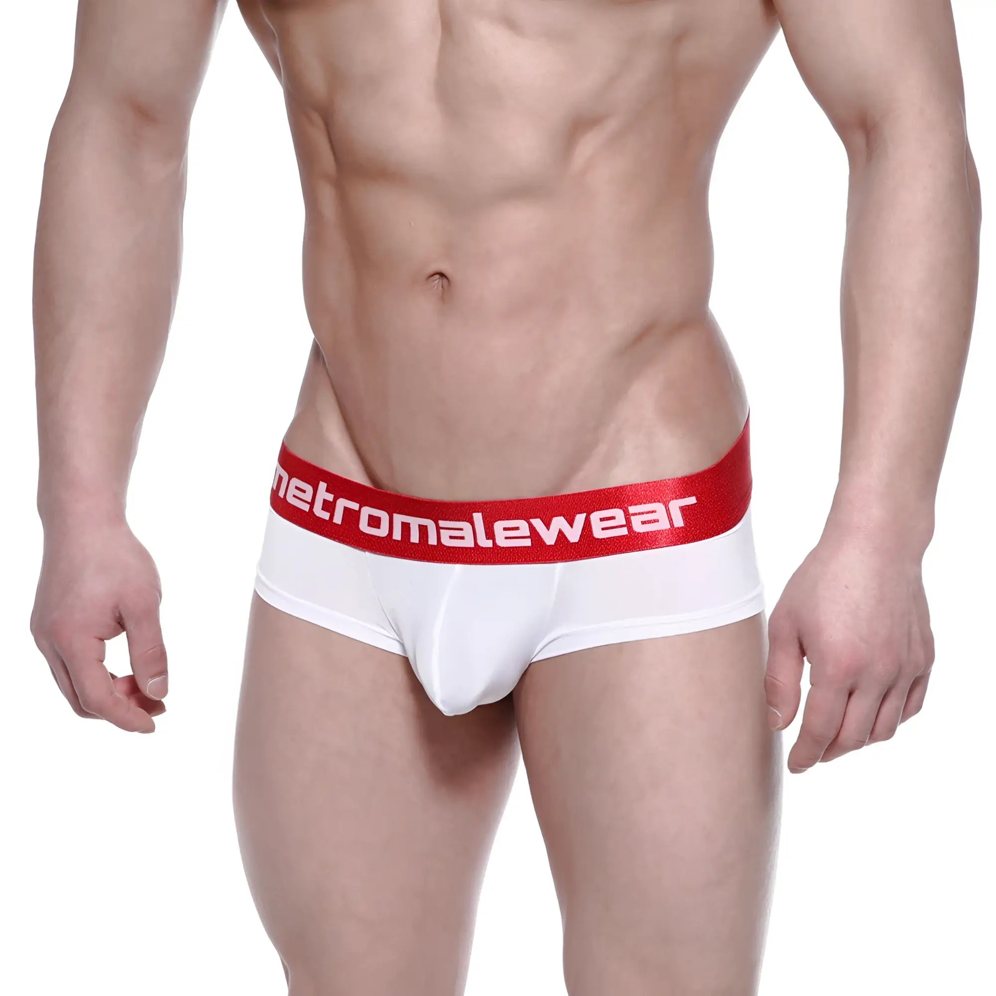 White men’s briefs with a red waistband featuring metromalewear logo in white from metroMalewear Benjamin mini cheek boxer 2025-02