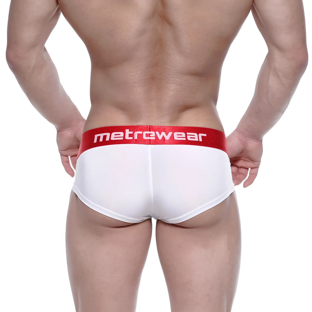 White briefs with a red waistband featuring the metrewear logo in white from metromalewear benjamin mini cheek boxer 2025-02