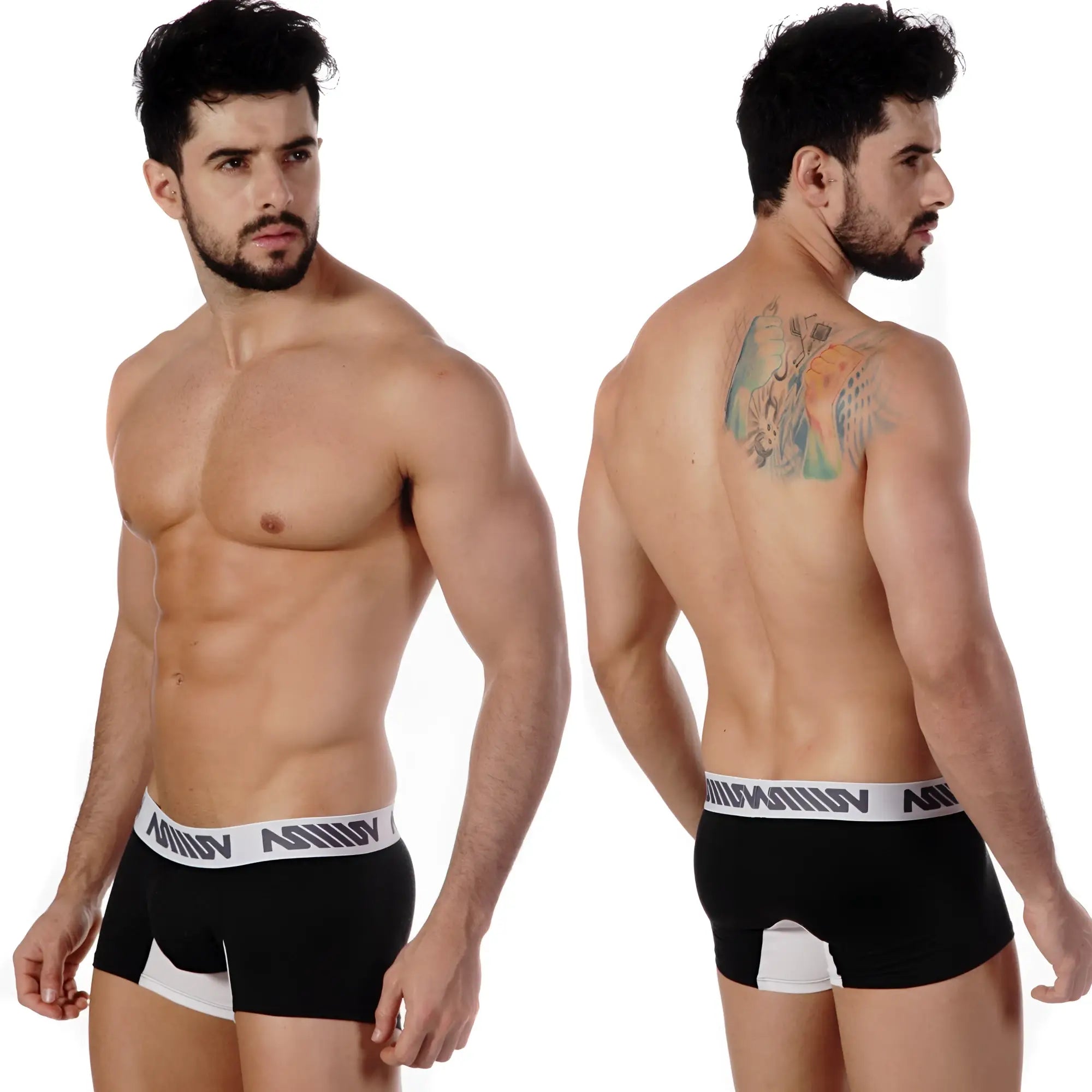 Black metro male wear bi-color short boxer briefs with white trim and repeating logo band in heather fabric