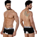 Black metro malewear bi-color short boxer briefs with white trim and repeating logo band in heather fabric