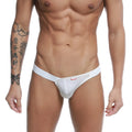 White mens thong jock strap by metromalewear with small red brand tag on waistband in white color