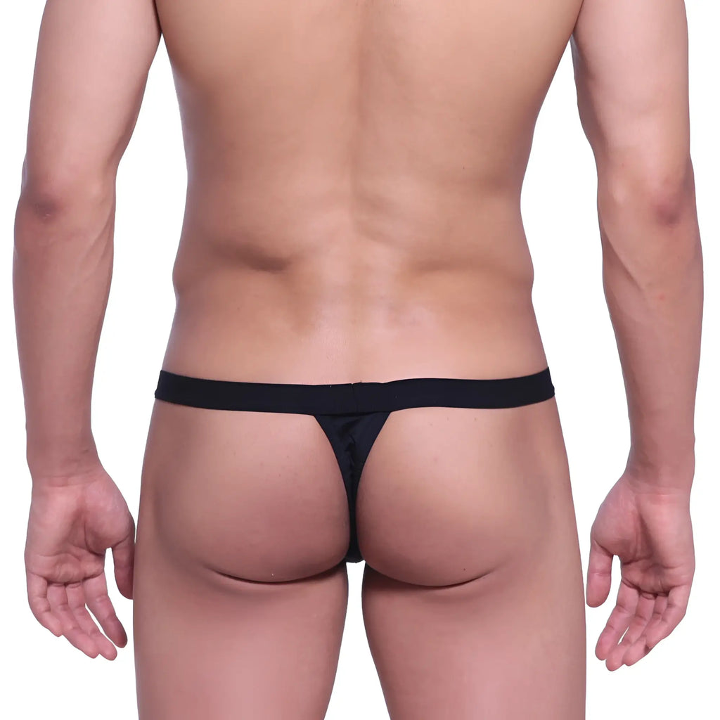 Black MetroMaleWear Big Pouch Thong 1402-20 made of smooth stretchy fabric with a narrow waistband view of the back side