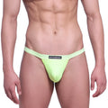 Bright lime green metro male wear big pouch thong with black brand label on waistband in neon green color