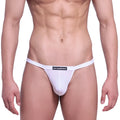 White mens thong with big pouch in white featuring a black metromalewear logo on the waistband