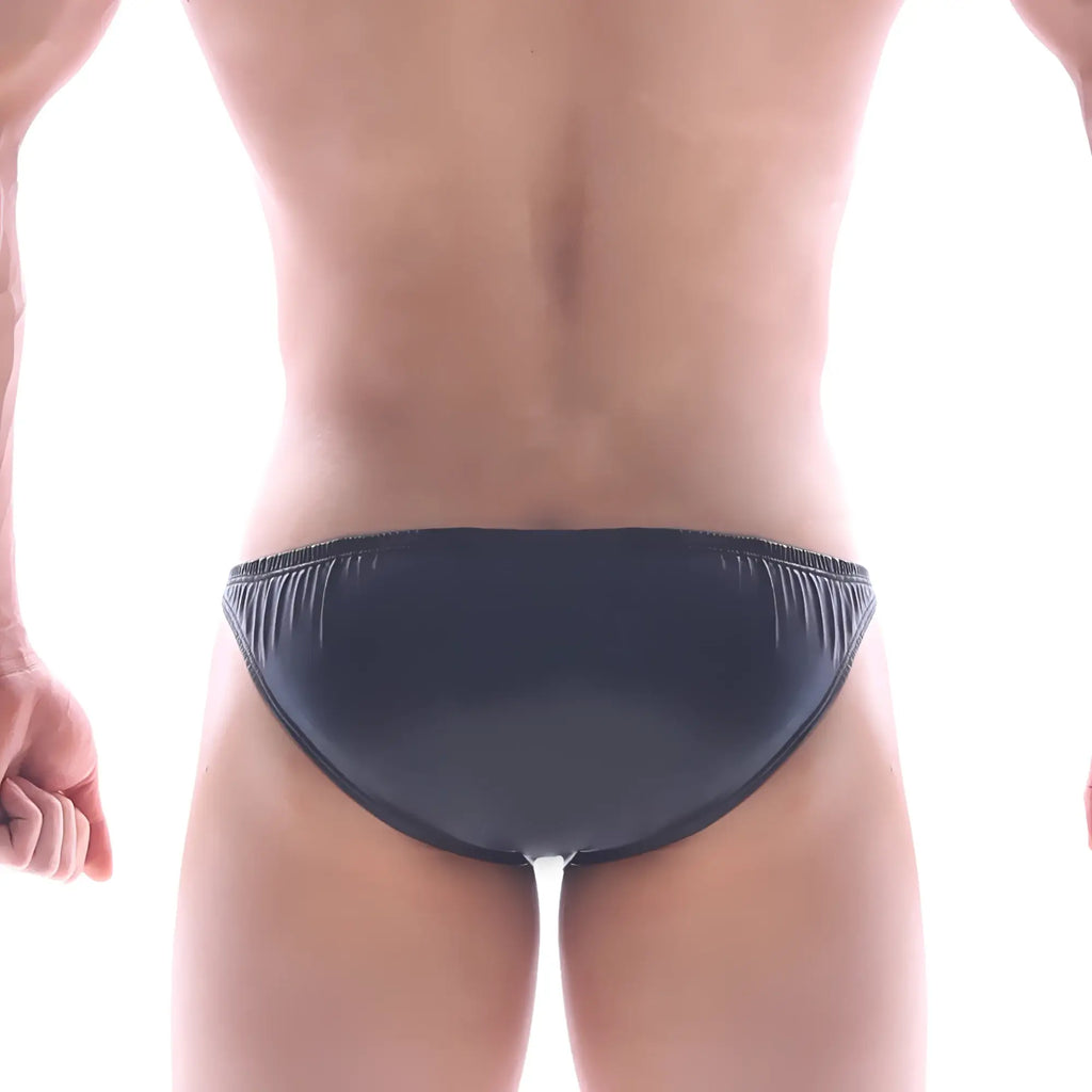 MetroMaleWear black bikini swim trunks with shiny fabric and ribbed waistband form-fitting for men