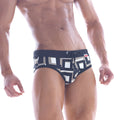 MetroMaleWear Black Box swim brief 4916-33 navy blue with bold white and gray geometric pattern and drawstring waistband