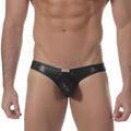 MetroMaleWear black brief 2018-20 black patent leather thong with subtle red logo tag at waistband front view