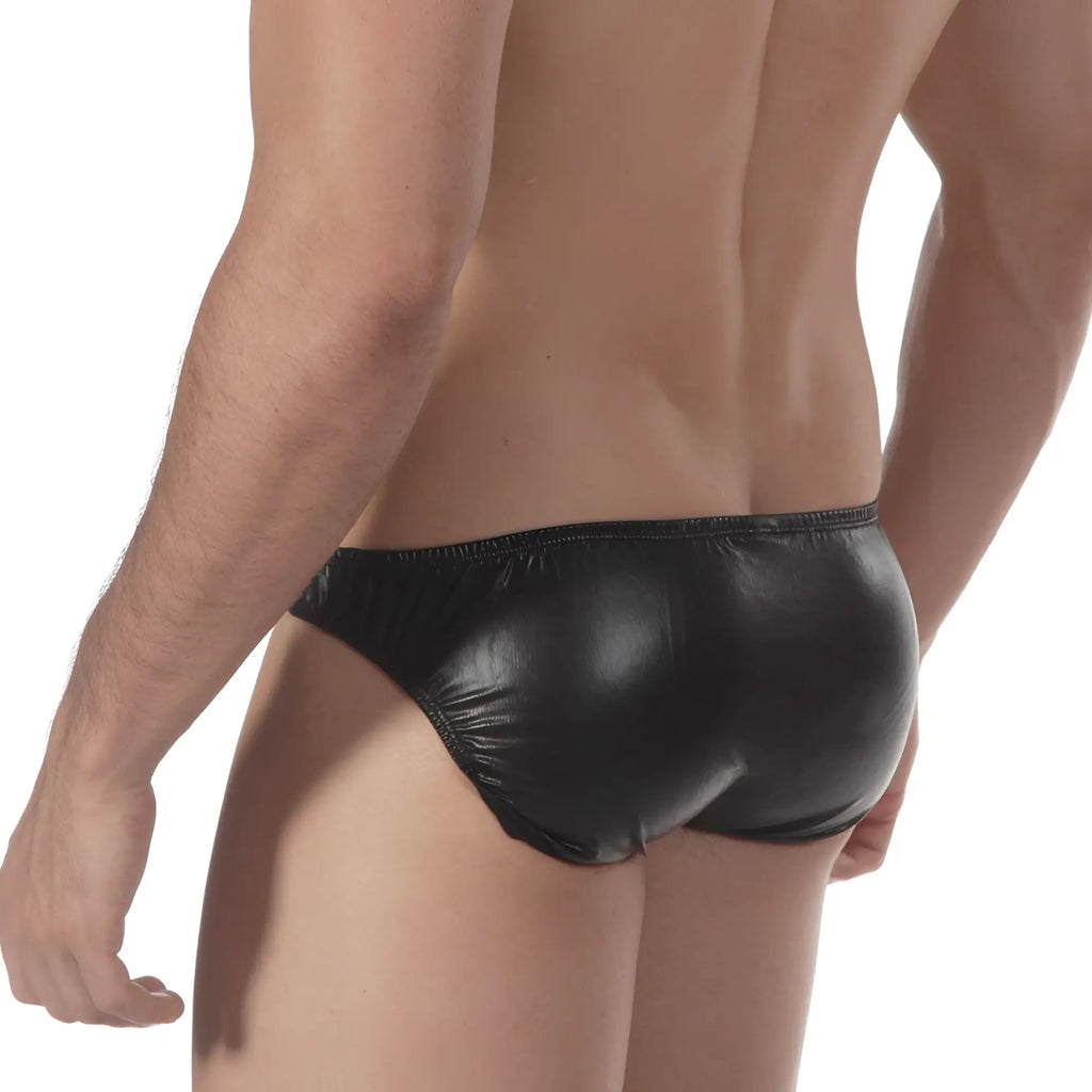 Black shiny faux leather briefs metroMalewear black brief 2018 20 front view with sleek glossy finish