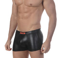 Black shiny faux leather boxer briefs with a red logo waistband from MetroMaleWear black trunk 2017-20 collection