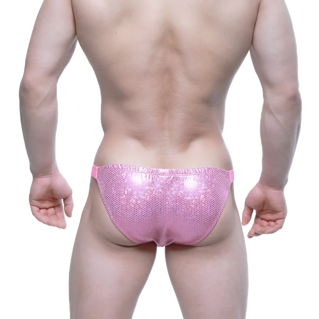 MetroMaleWear Bling bikini pink sequined briefs with mesh texture and matching pink elastic waistband