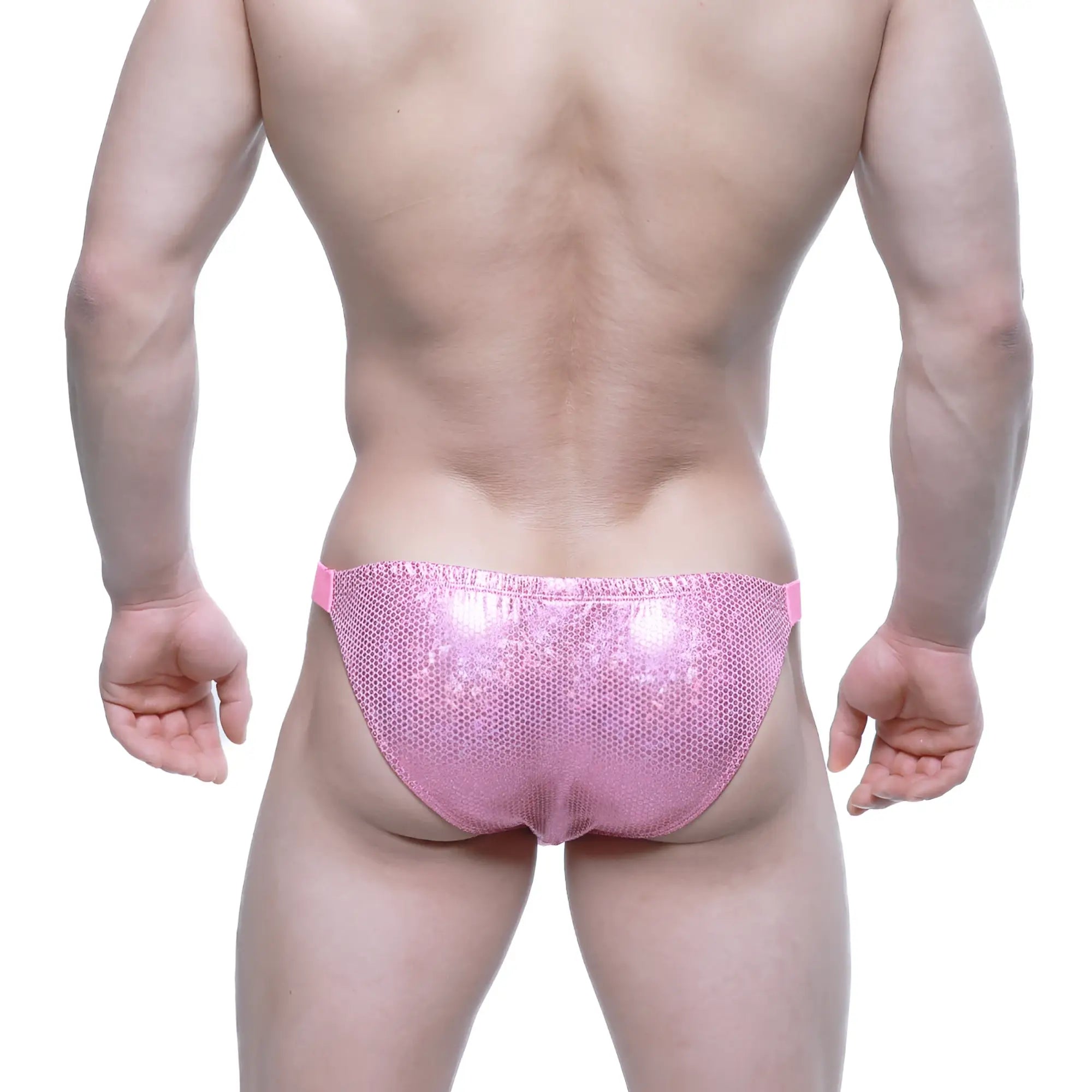 MetroMaleWear Bling bikini pink sequined briefs with mesh texture and matching pink elastic waistband