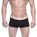 Black men’s briefs with gold elastic waistband and metromalewear logo in white metro malewear body boxer brief black 1023-20