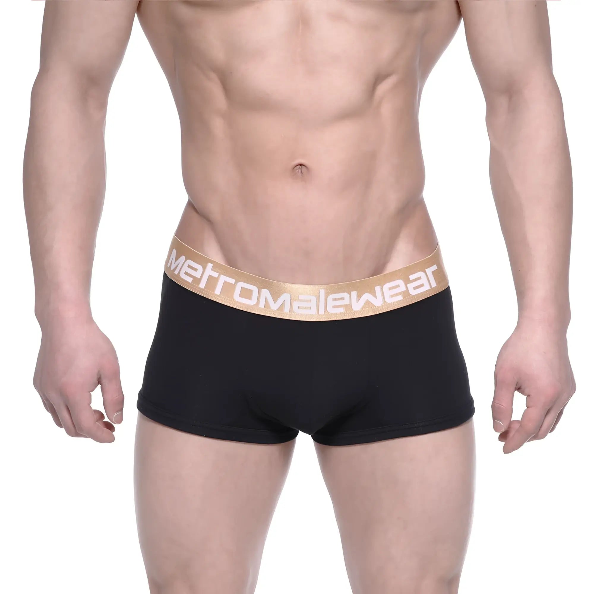 Black men’s briefs with gold elastic waistband and metromalewear logo in white metro malewear body boxer brief black 1023-20