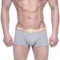 MetroMalewear body boxer brief gray heathered fabric with gold elastic waistband and white logo lettering