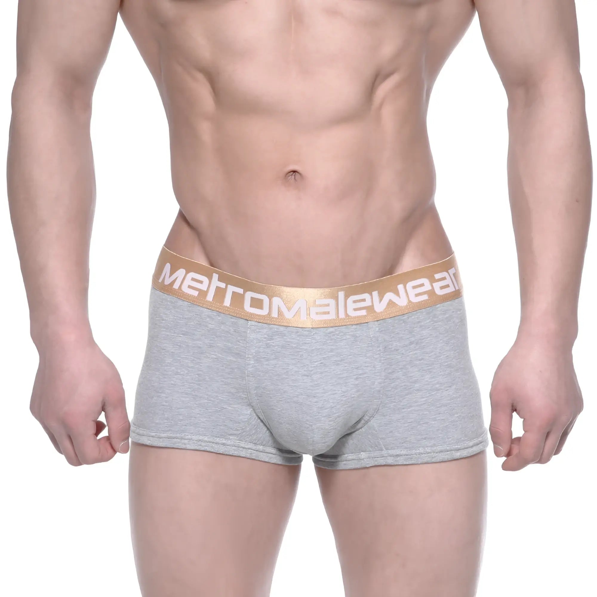 MetroMalewear body boxer brief gray heathered fabric with gold elastic waistband and white logo lettering