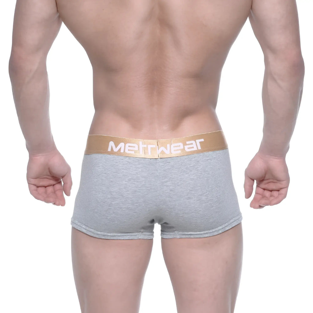 Gray heathered metro male wear body boxer briefs with gold waistband and metwear logo in white lettering