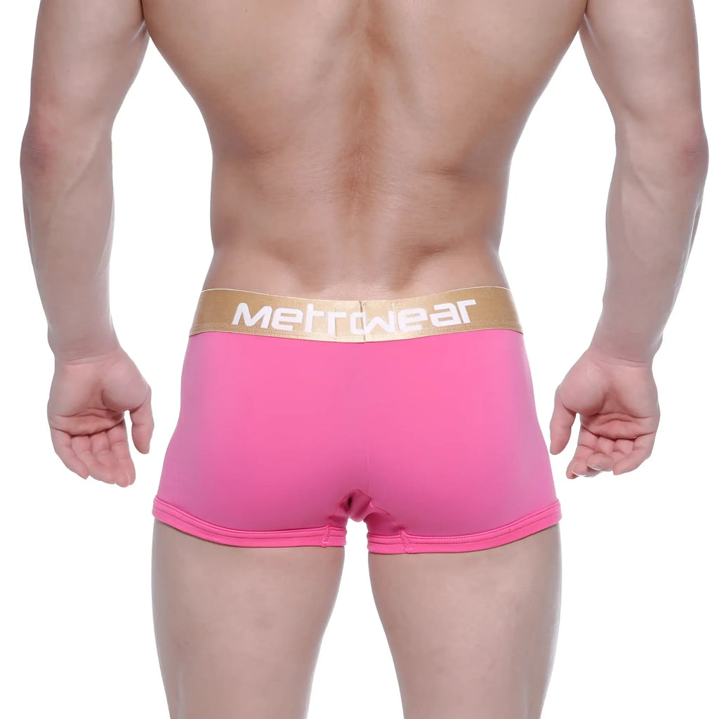 Metro malewear body boxer brief pink 1023-02 featuring pink fabric and gold waistband with white lettering