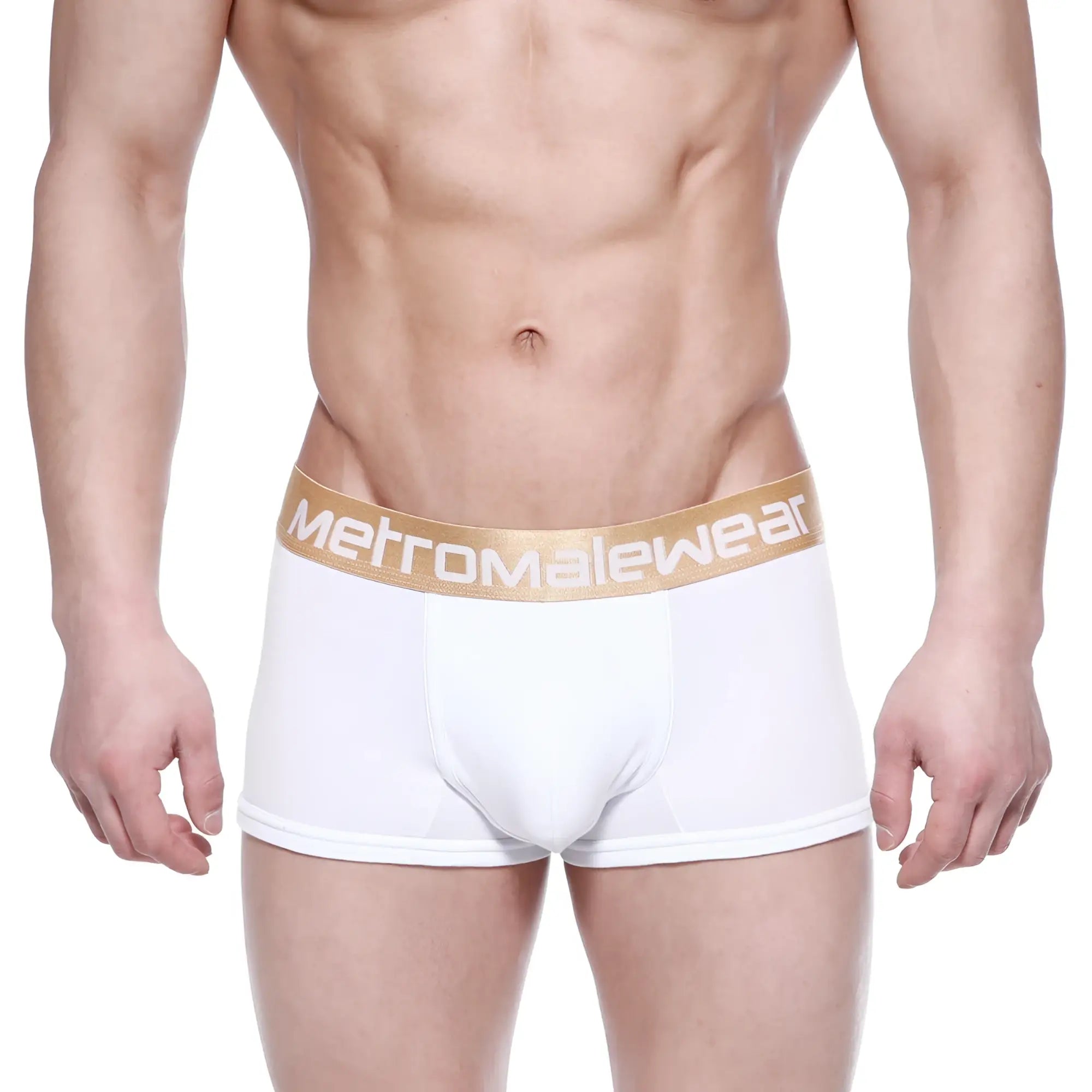 White men’s briefs metroMaleWear body boxer brief 1023-00 with gold waistband and logo for comfortable support