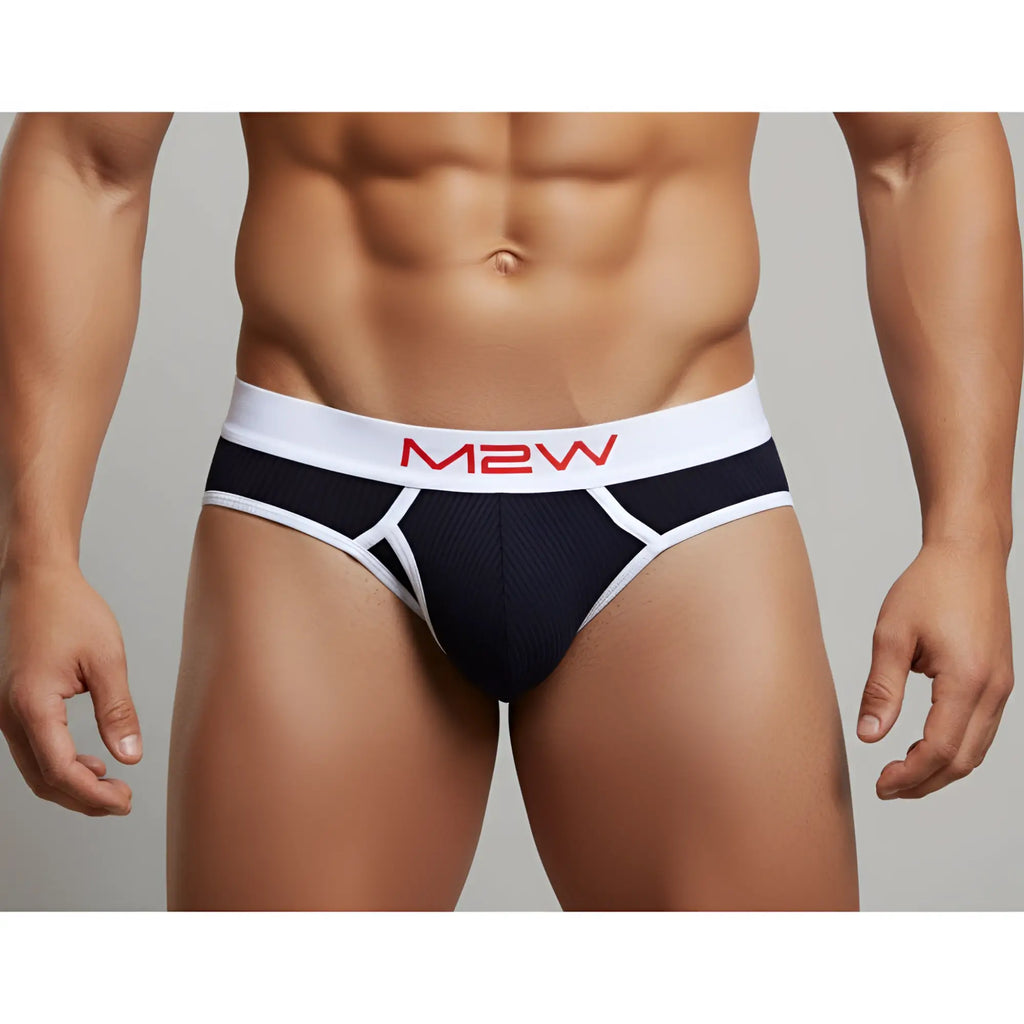 MetroMaleWear bold ribbed briefs in black and white with red lettering on the waistband for comfortable daily wear