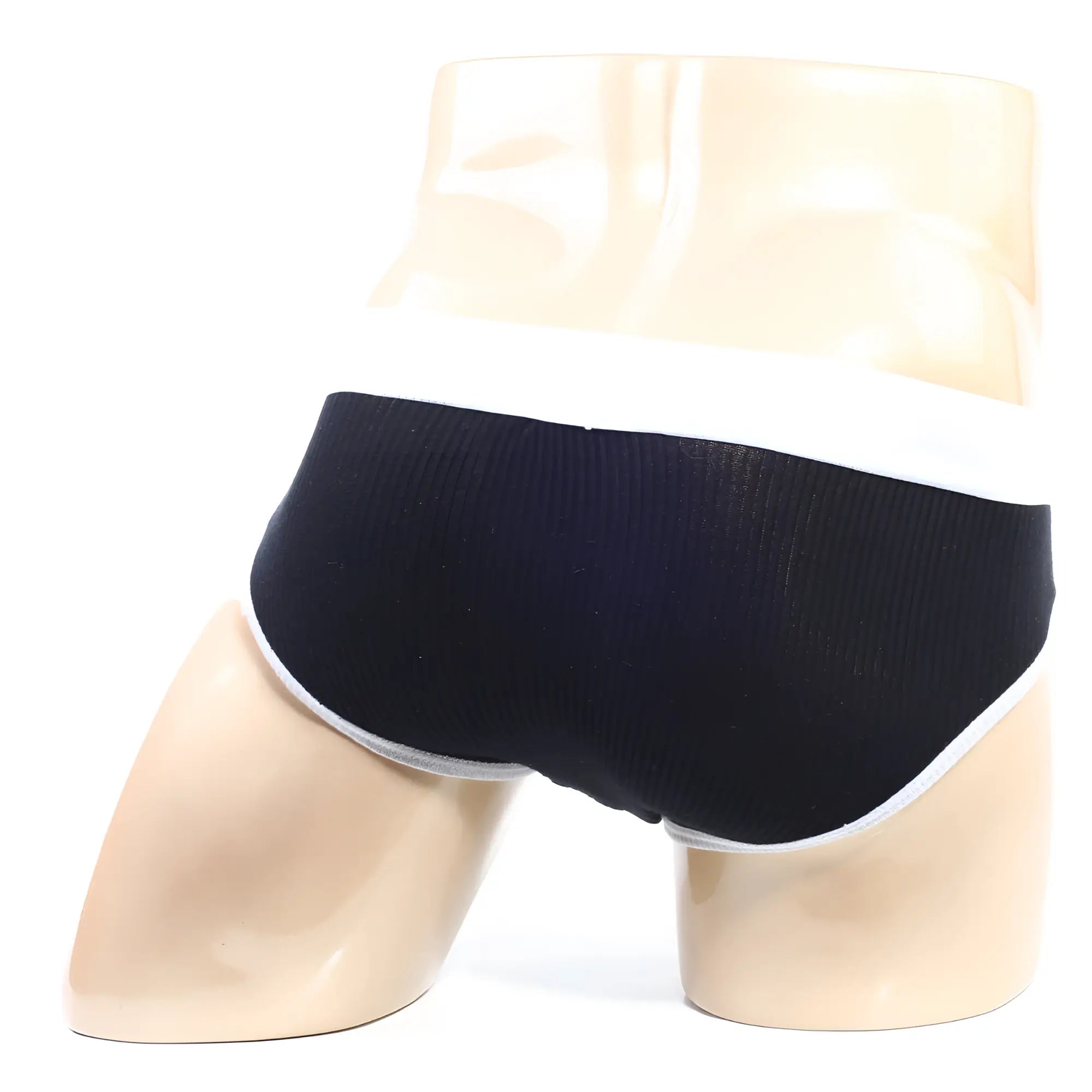 Black briefs with white trim by Metromalewear bold ribbed brief in black displayed on a mannequin front view