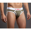 Metro male wear bold ribbed brief green 1103-06 features olive green stripes with a white waistband and red m2w logo
