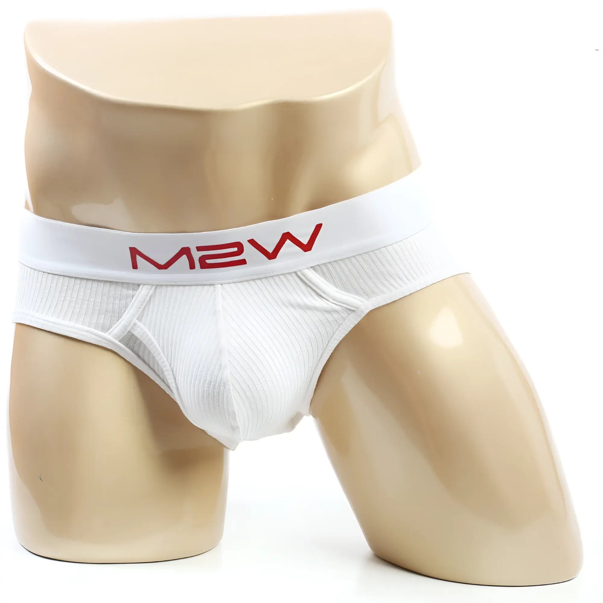MetroMaleWear bold ribbed briefs white with a ribbed texture and a red m2w logo on the waistband