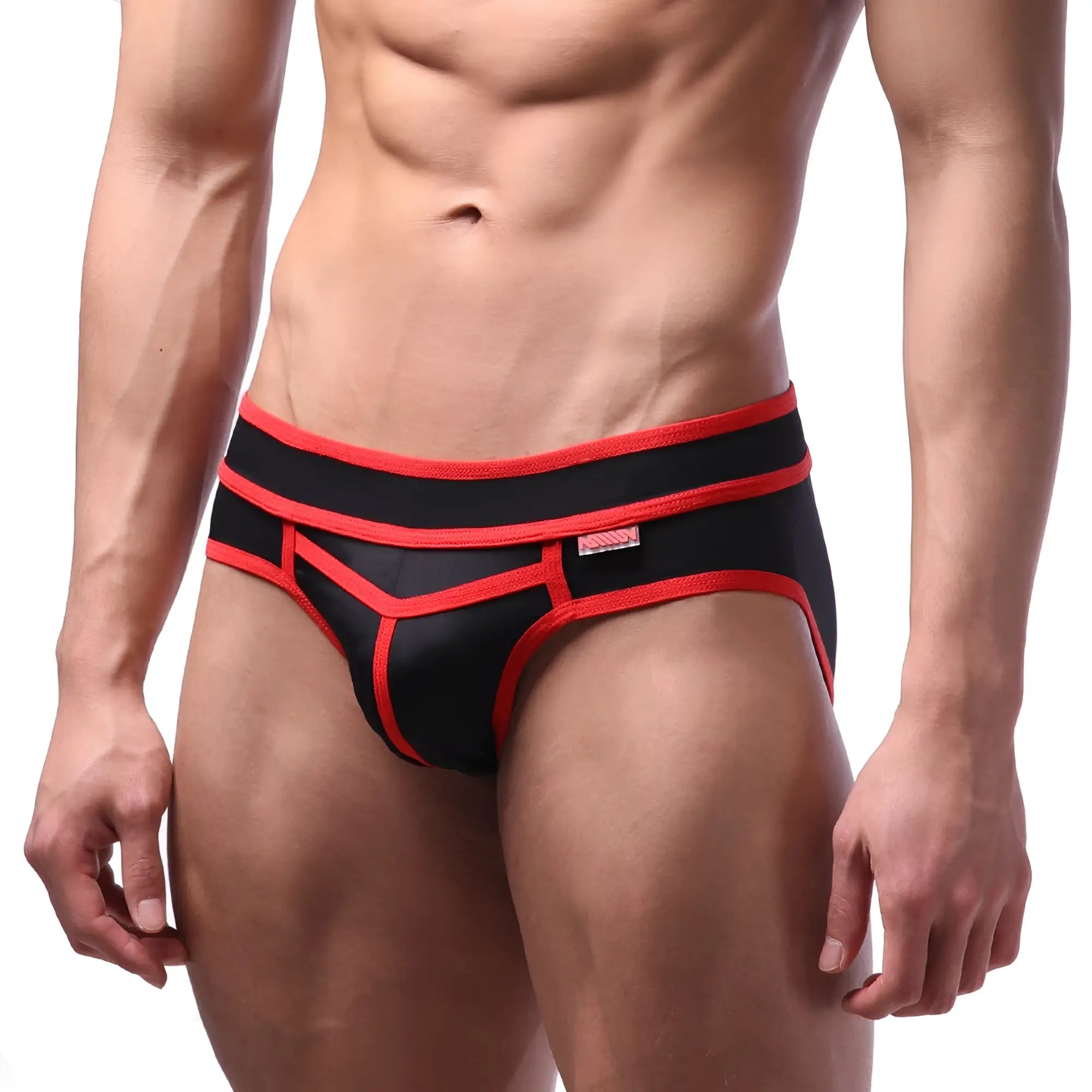 MetroMaleWear bold swim brief red 4961-12 features black and red athletic fabric with a geometric design for swimming