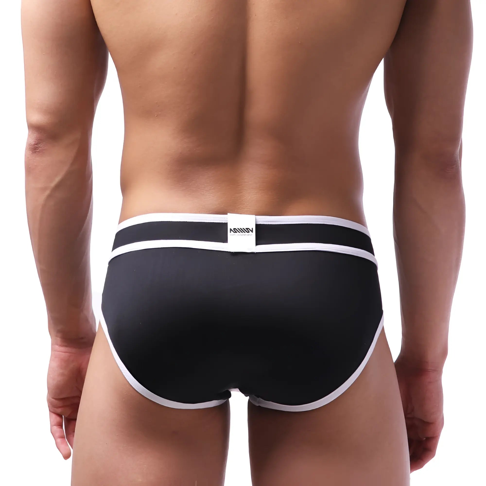 Black metro male wear bold swim brief with white trim and branded label at the waistband