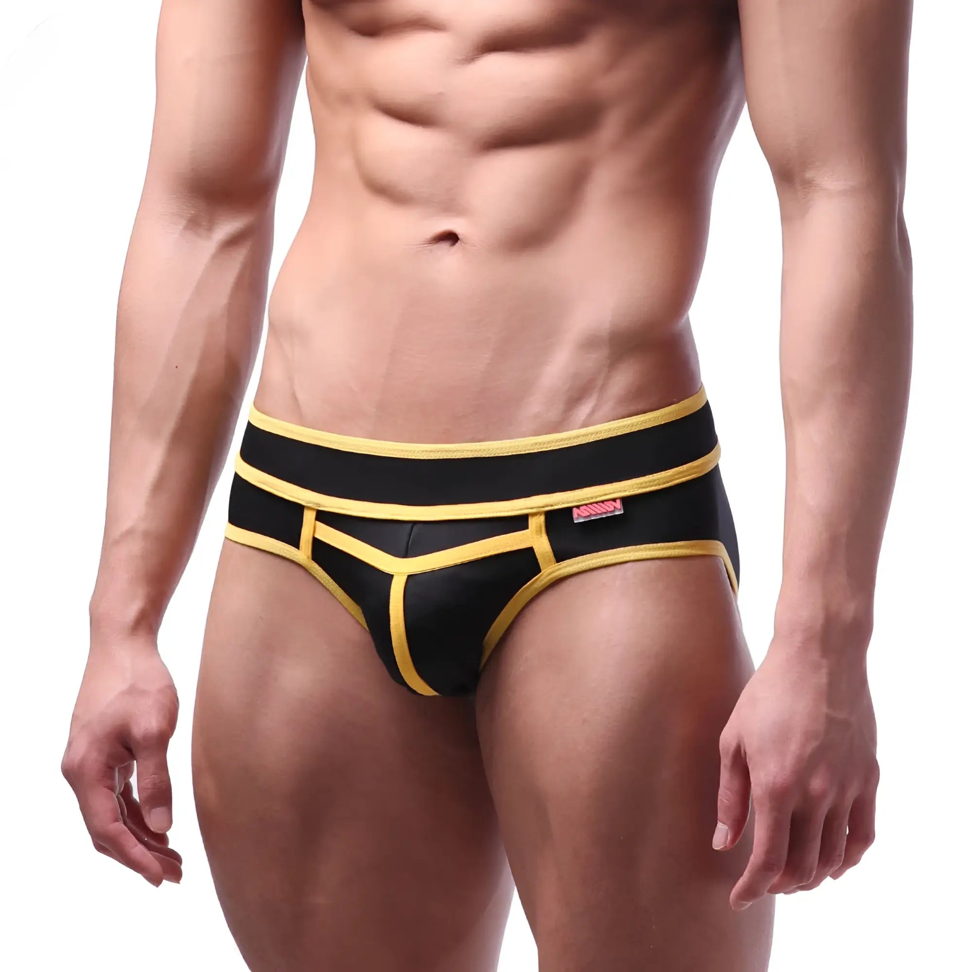 Metro malewear bold swim brief yellow 4961-15 in black and yellow with geometric design for athletic use
