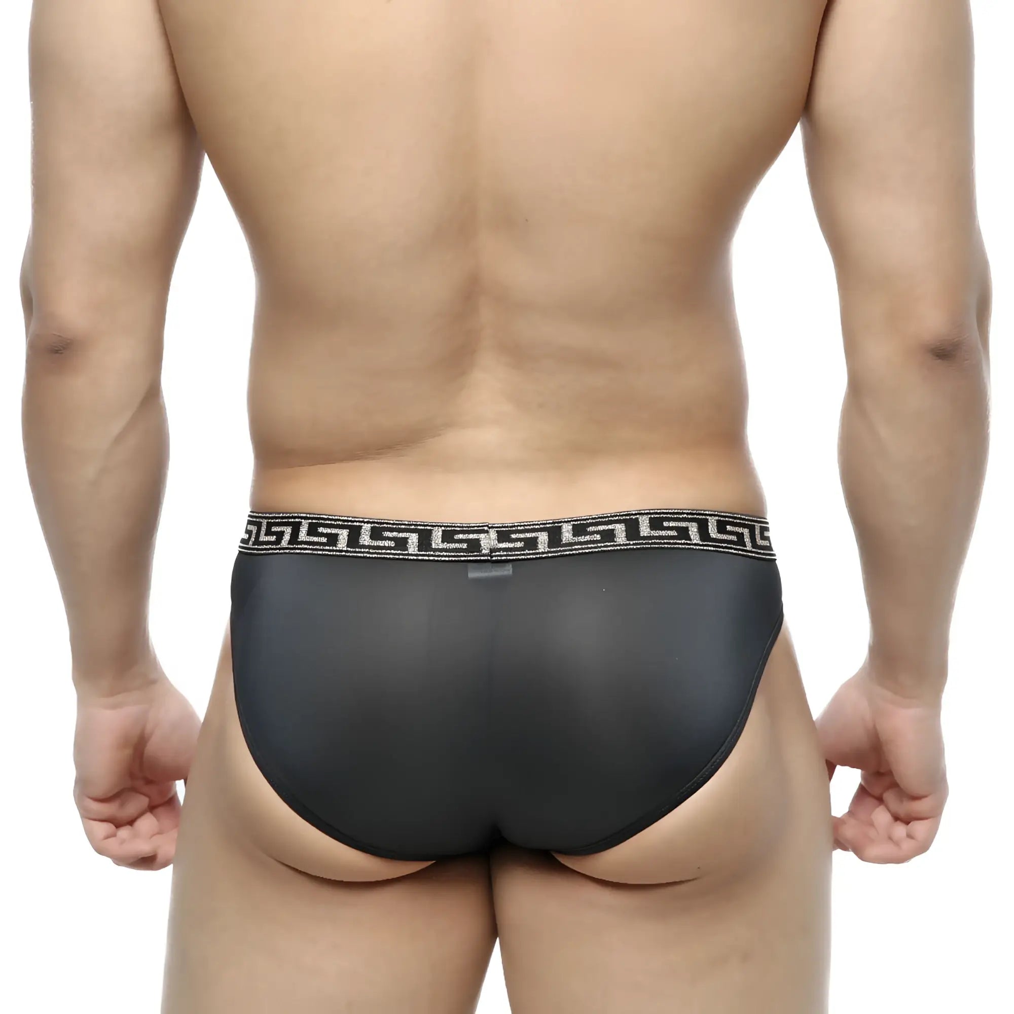 MetroMaleWear Bolero bikini black mesh briefs with black and silver greek key patterned waistband front view