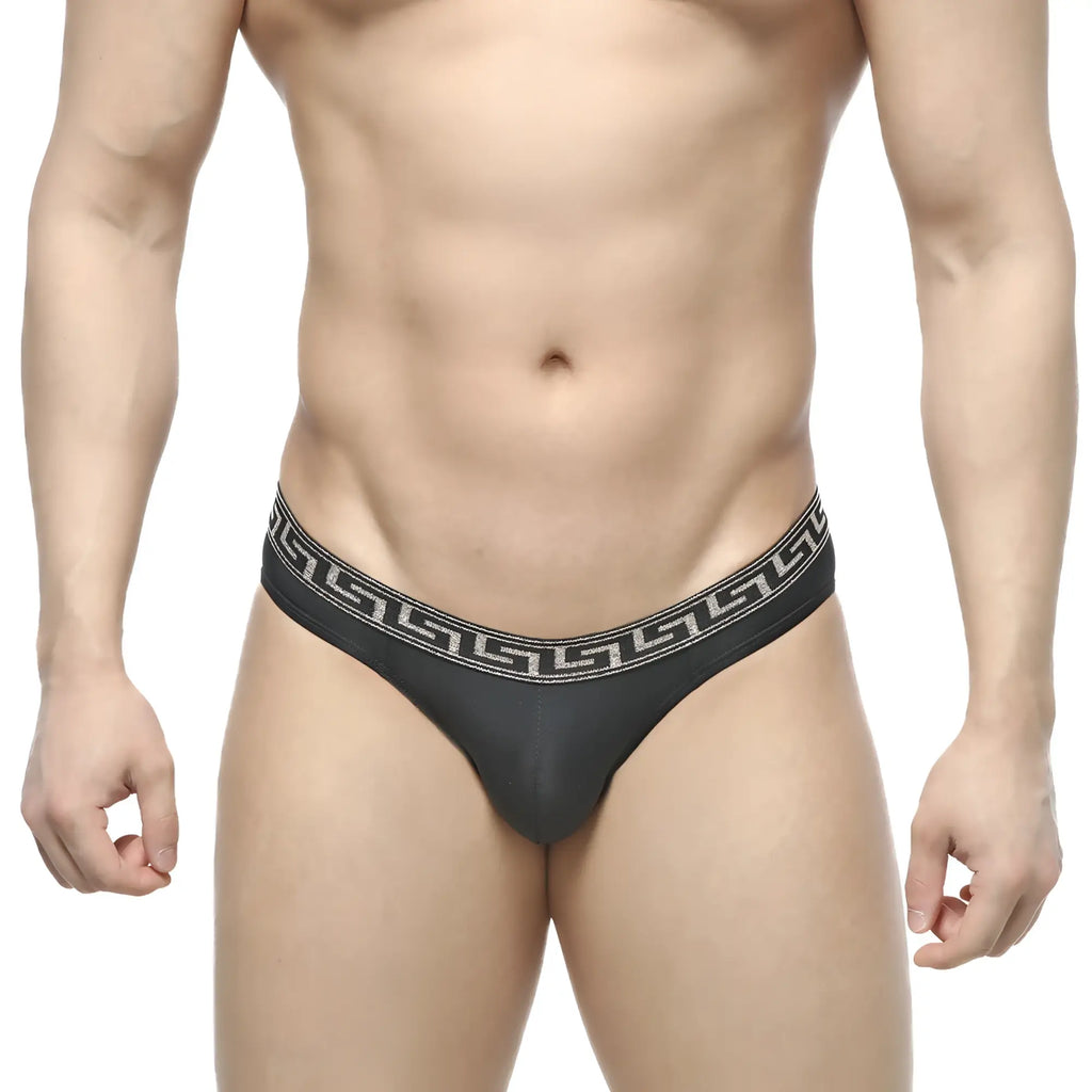 Black MetroMaleWear Bolero Bikini thong with white Greek key pattern waistband shown from the back side