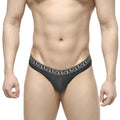Black MetroMaleWear Bolero Bikini thong with white Greek key pattern waistband shown from the back side