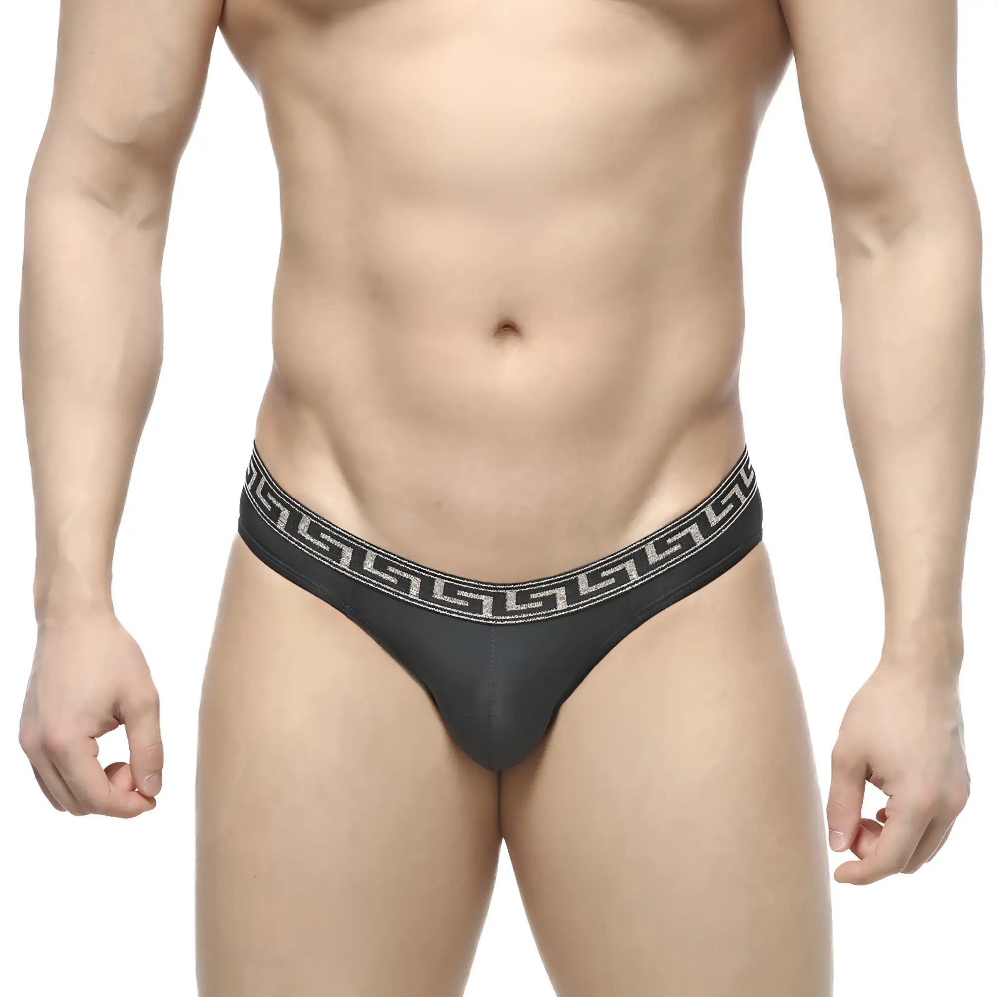 Black MetroMaleWear Bolero Bikini thong with white Greek key pattern waistband shown from the back side