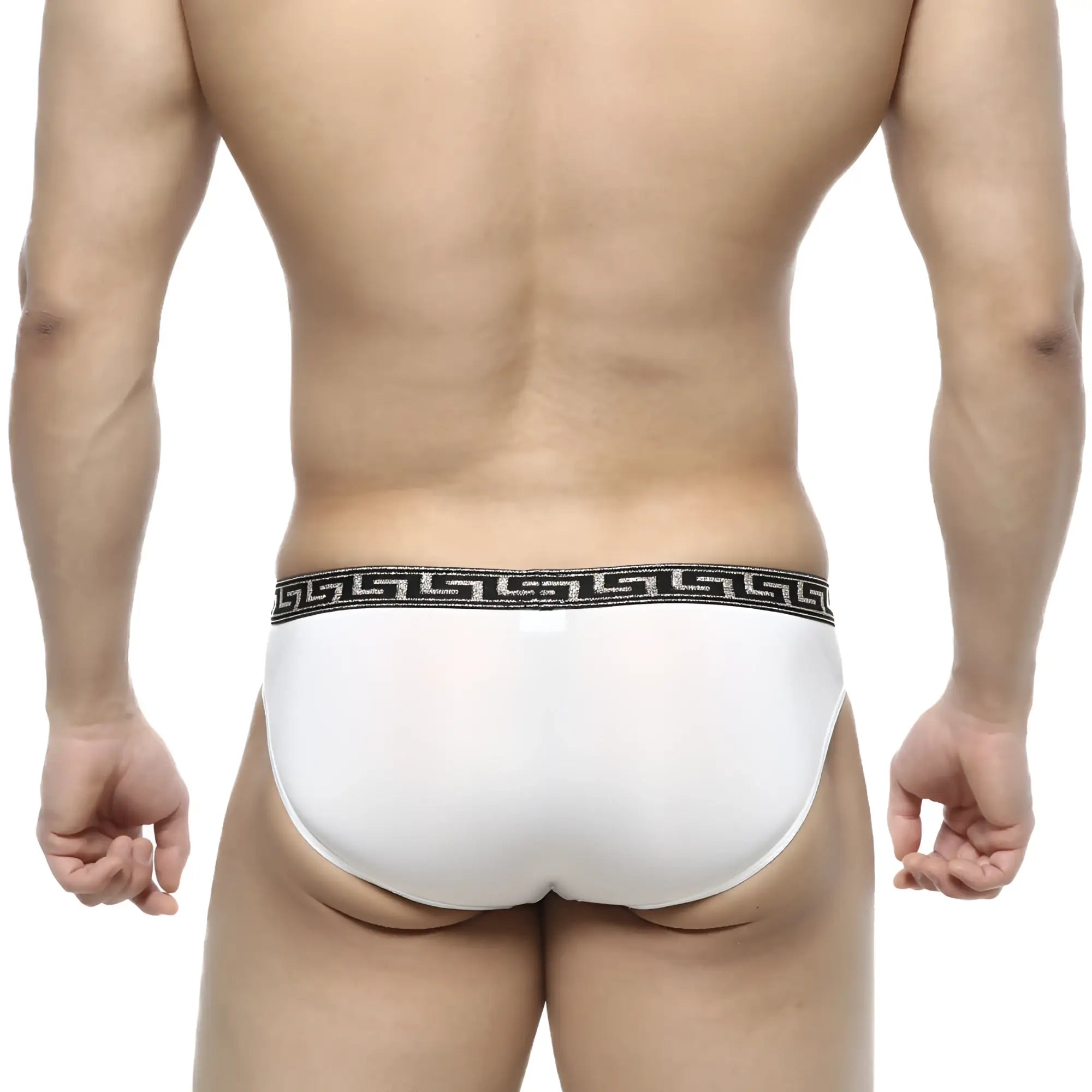 White briefs with black greek key patterned waistband from metromalewear bolero bikini 5105-00 collection