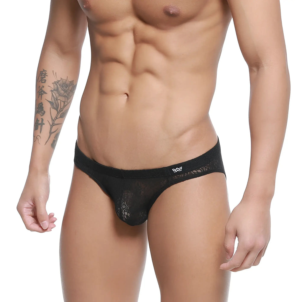 Black lace mens briefs with subtle pattern and branded waistband metroMalewear bordado bikini black 5103-53