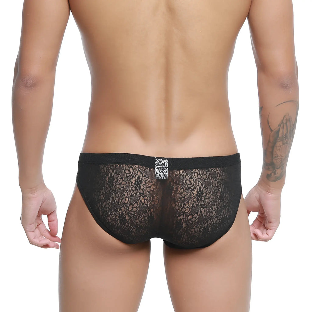 Black lace briefs with subtle floral pattern and small metallic emblem at the back metro malewear bordado bikini black 5103-53
