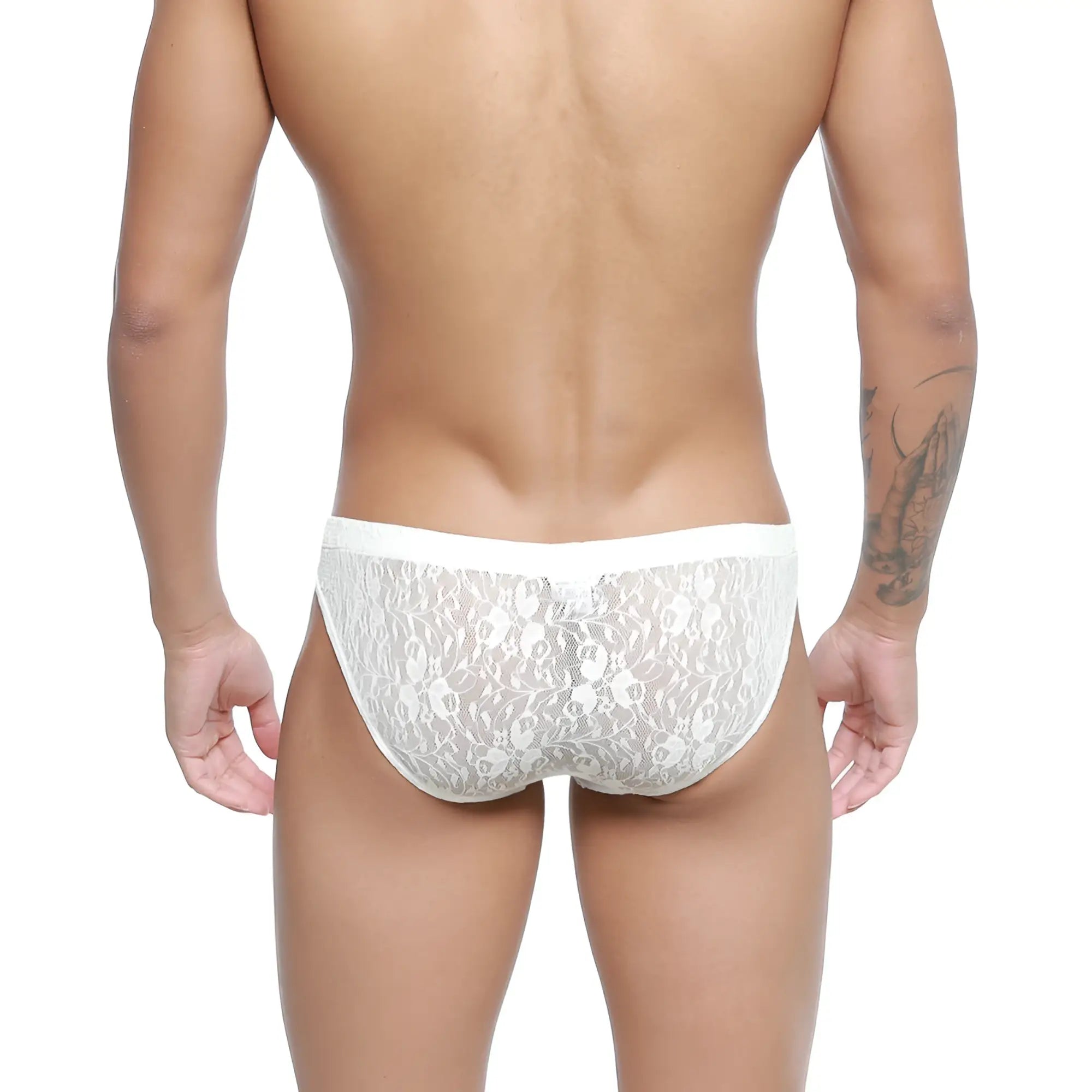 MetroMaleWear Bordado bikini ivory lace briefs with delicate floral pattern and solid white waistband front view