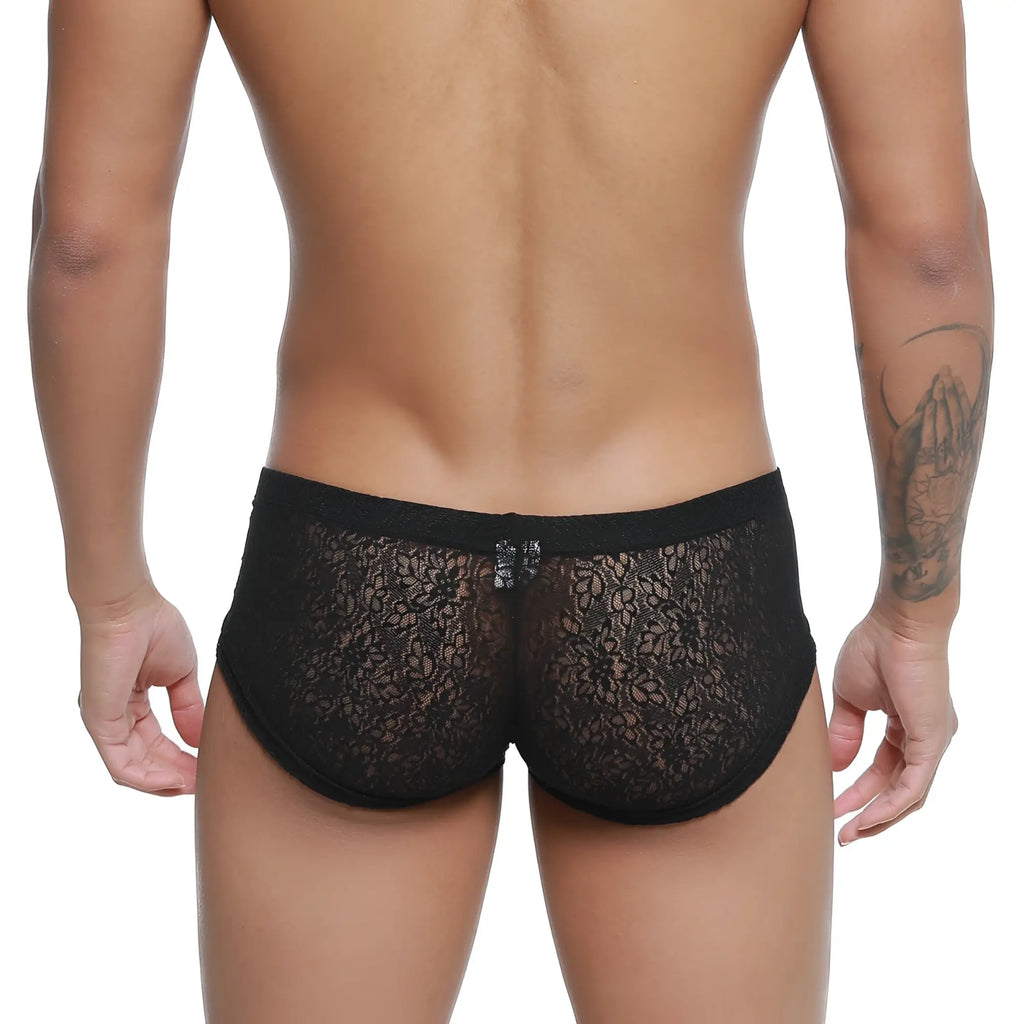 Black lace briefs metroMalewear bordado trunk black 2125-53 with delicate floral pattern and solid black waistband
