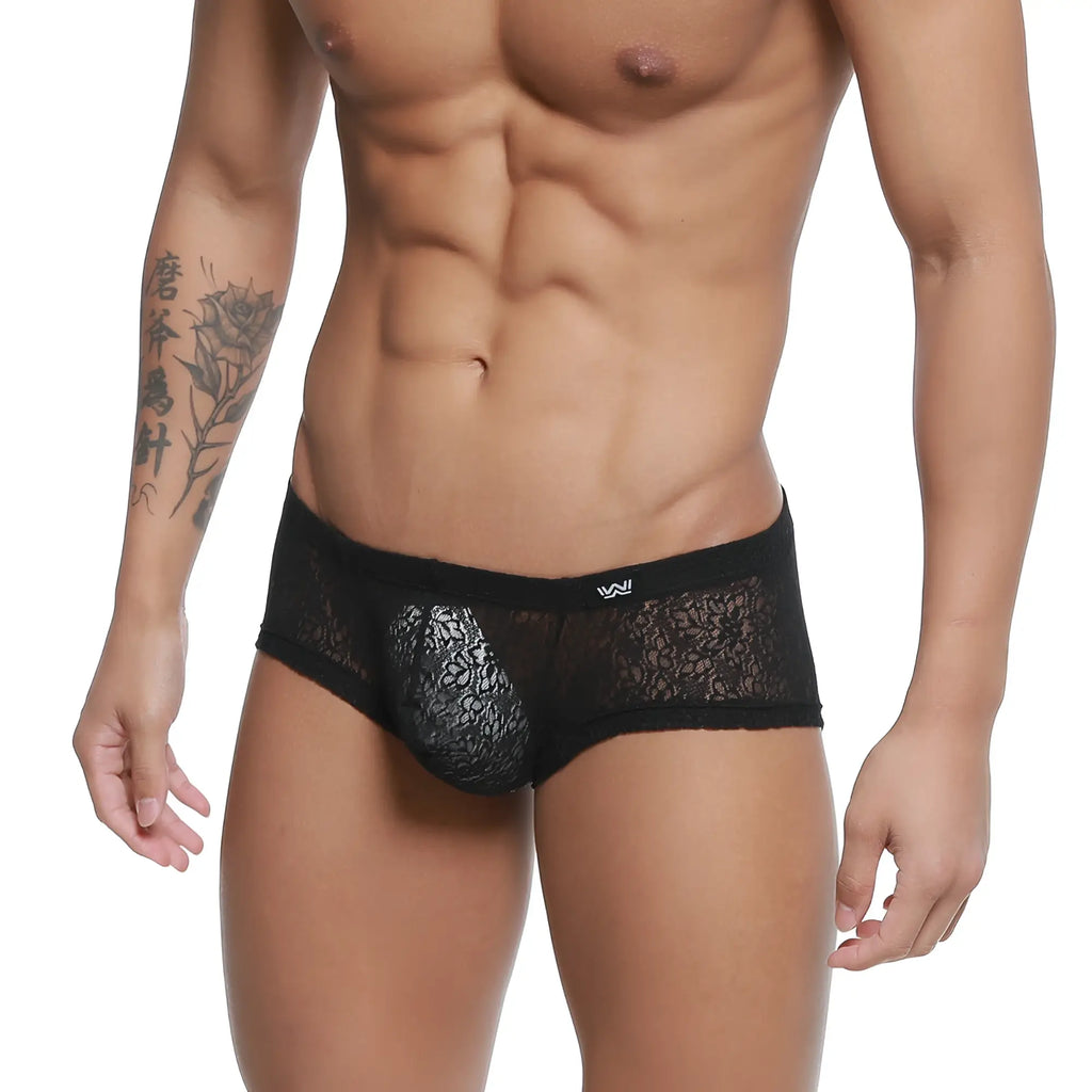 Black lace mens underwear with sheer patterned design and branded waistband metroMalewear bordado trunk black 2125-53