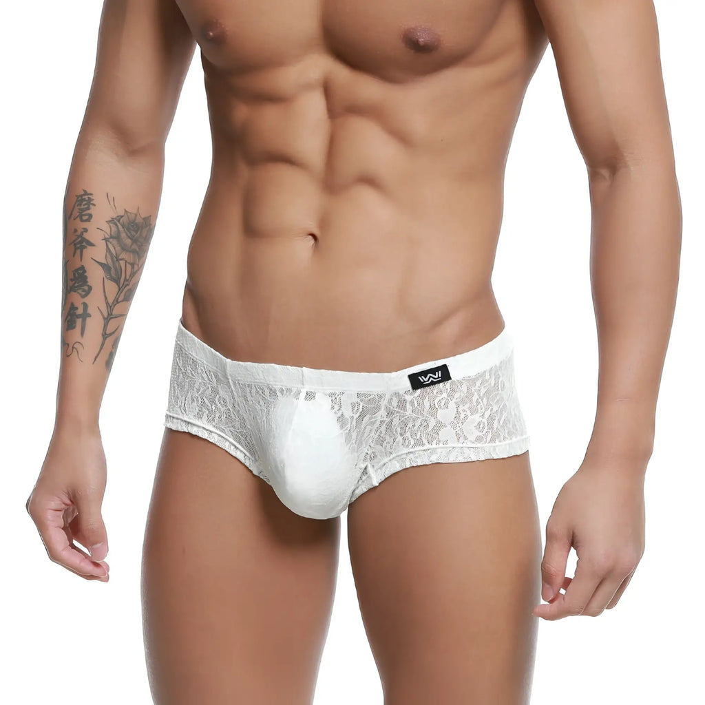 White lace men’s underwear with a solid white central panel and a black metro malewear brand tag in ivory color