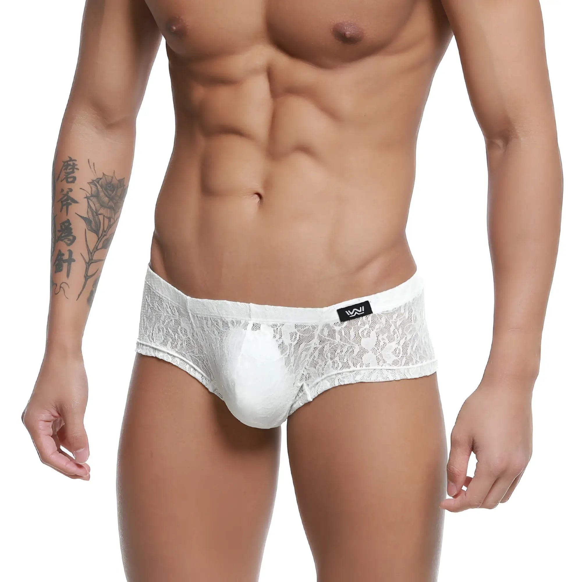 White lace men’s underwear with a solid white central panel and a black metro malewear brand tag in ivory color