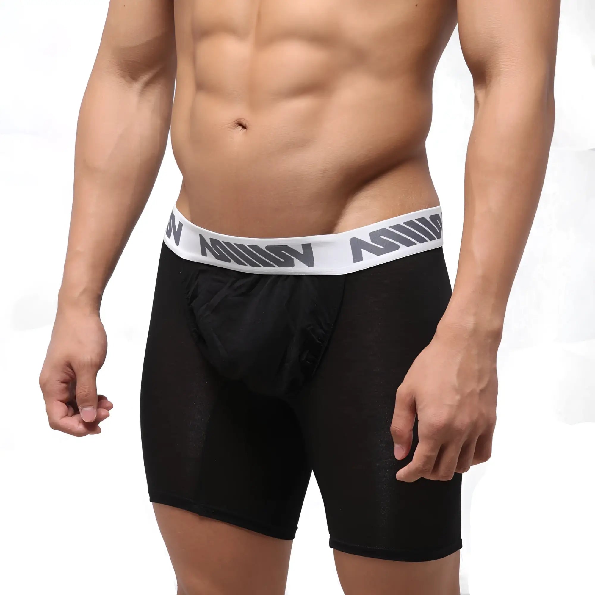 Black mens boxer briefs with white elastic waistband and gray asian lettering from MetroMaleWear Bosillo Bold Long 3515-20