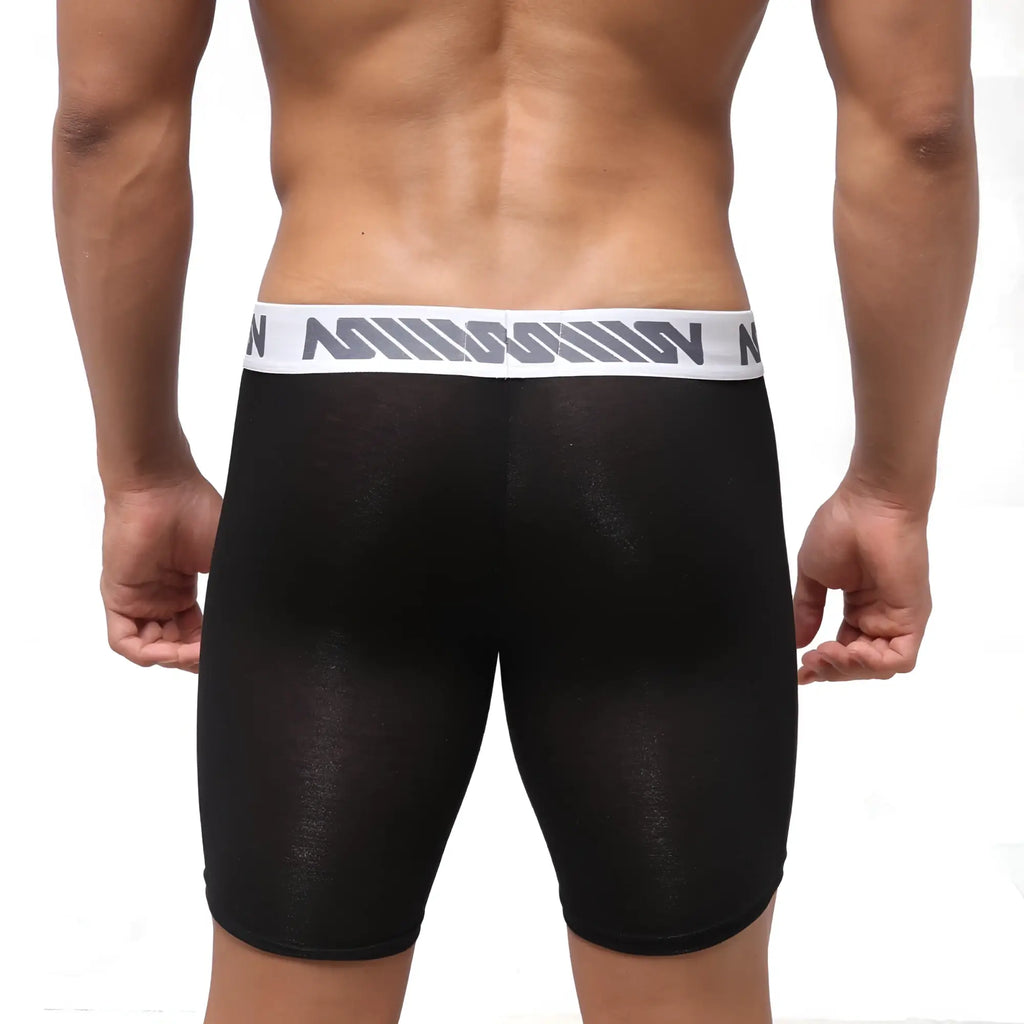 Black sheer MetroMaleWear Bosillo Bold Long Boxer briefs with white waistband gray stripes and nin branding
