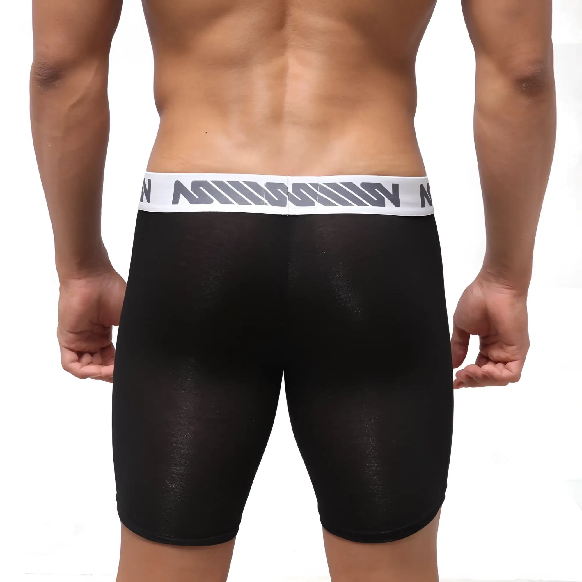 Black sheer MetroMaleWear Bosillo Bold Long Boxer briefs with white waistband gray stripes and nin branding