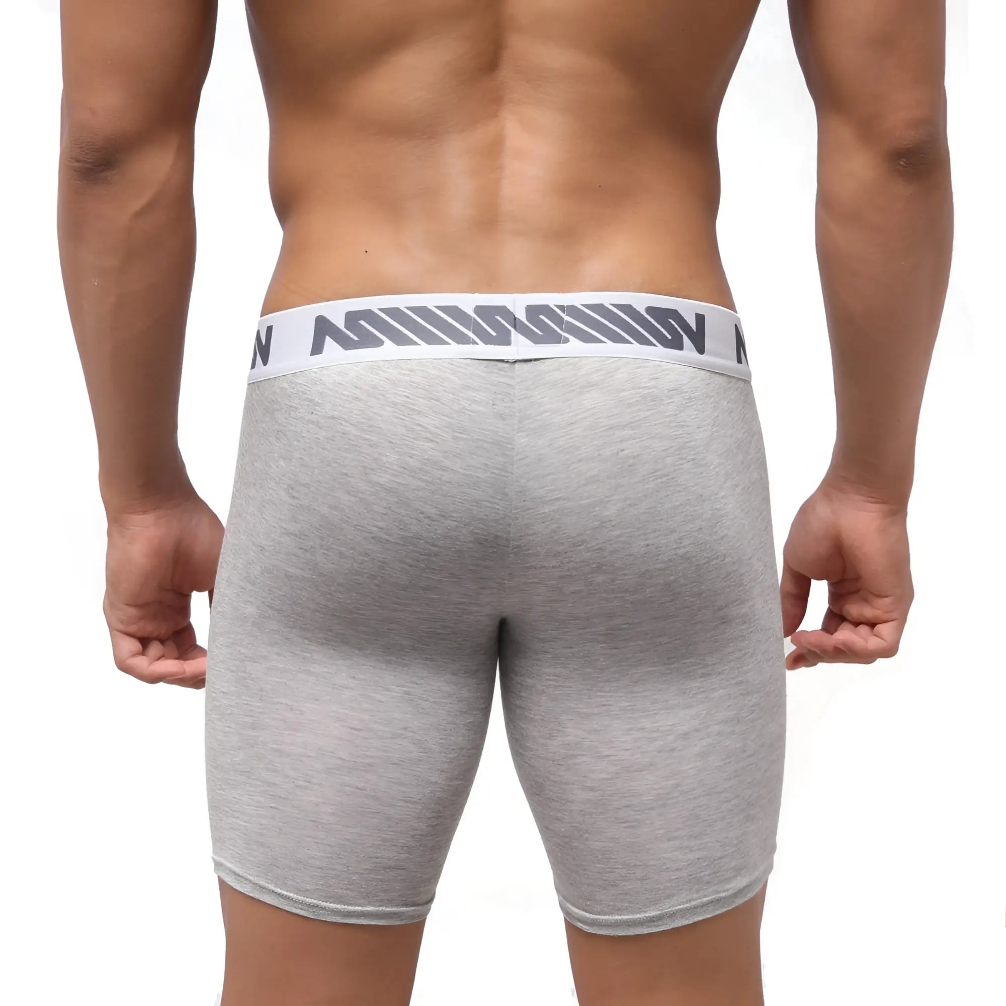 Gray heathered MetroMaleWear Bosillo Bold long boxer briefs with white elastic waistband and black logo pattern