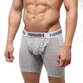 Gray heathered boxer briefs with white waistband featuring dark gray million logo by MetroMaleWear Bosillo Bold Long 3515-10